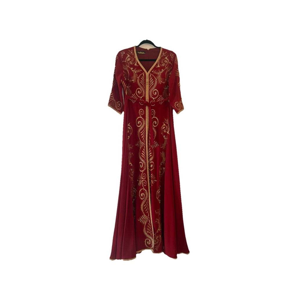 Embroidered Kaftan Maxi Dress Sultan Formal Moroccan Arabian Rhinestone Gown M